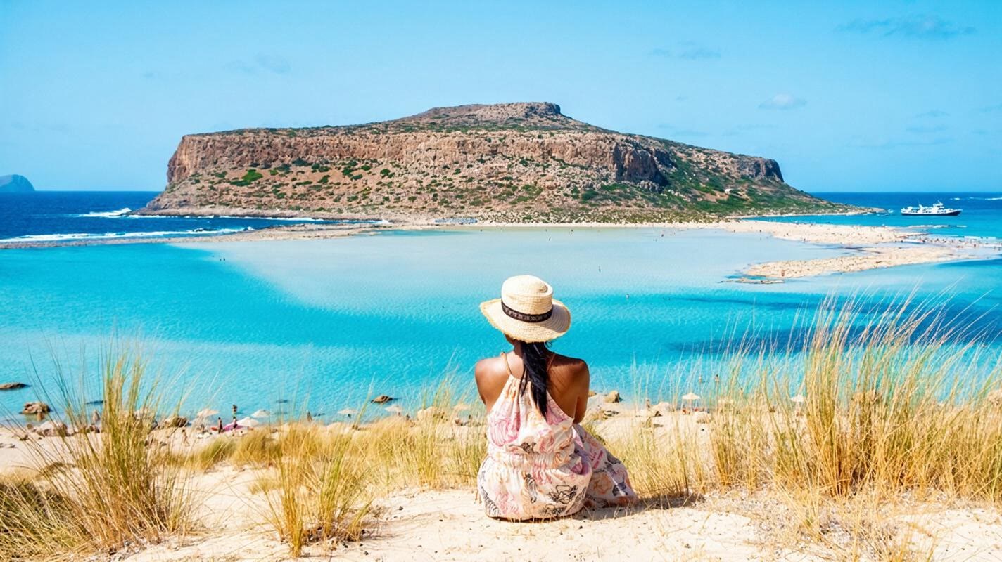 A woman sits alone in the dune grasses, looking out over the still water of Balos lagoon.